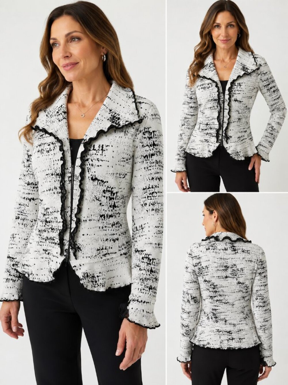 JOSEPH RIBKOFF Blazer Zip Jacket Ruffle Trim Textured Print Black White Size 12